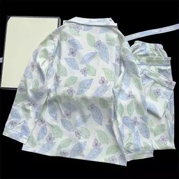 Sweet Leaf Flower Print Two-piece Pajamas Set New Autumn Casual Sleepwear V-neck Soft Women s Pajamas XL