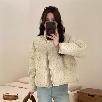 Sweet Little Floral Stand-up Collar Down Jacket Women s 2025 New Fashion Loose Bread Jacket Short Coat S