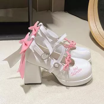 Sweet Lolita shoes bow doll Barbie pink shoes spring Lolita waterproof high heels 35