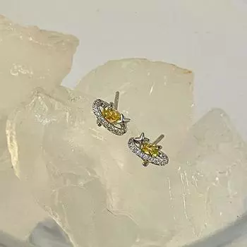 Sweet Love Planet Earrings Planet Earrings Star Earrings Small Yellow Diamond Heart-shaped Earrings
