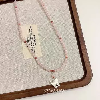 Sweet Lovely Pink Opal Cat Puppy Beaded Necklace for Women Temperamental Minority Fancy Clavicle Chain Ornament Kitten Necklace