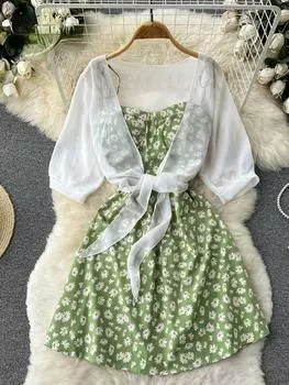 Сладкие новые платья из двух частей с цветочным принтом, женские летние тонкие платья, модная элегантная женская одежда для отпуска, пляжная одежда трапециевидной формы One Size зелёный
