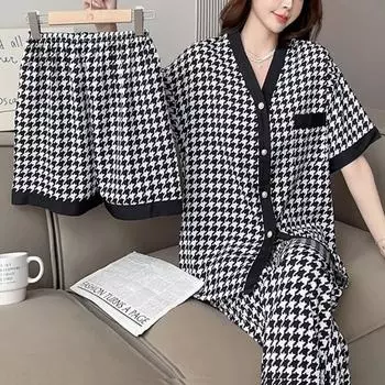 Sweet Pajamas Women Models of Short-Sleeved Trousers Three-Piece Cardigan Chidori Plaid Casual Loose Homewear Outside the Wear L чёрный