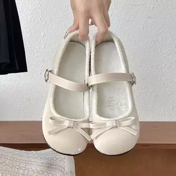 Sweet Pink Bowknot Lolita Shoes Women New Thickened Plush Mary Jane shoes Girl kawaii Y2K Patent Ankle Straps Party Shoes 35 розовый