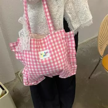 Sweet Plaid Cotton Handbag Large Capacity Tote Bag Cute Lace Pillow Bag Women розовый