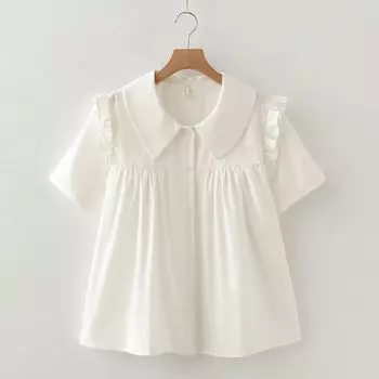 Sweet Polo Collar Loose Lotus Leaf Design Single-Breasted Pure Cotton Baby Shirt Top Women s Slimming Youthful-Looking Shirt White M