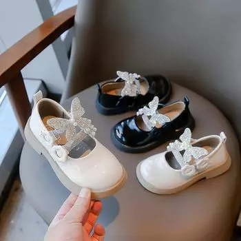 Sweet Princess Kids Leather Shoes Butterfly Rhinestones Cute Round-toe Children Fashion Girls Loafers Versatile Soft Breatheable 26 чёрный