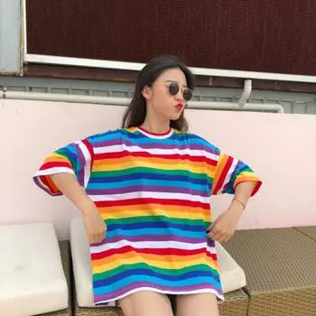 Sweet Rainbow Striped Print Футболки с половиной рукава Женские футболки Fahion с круглым вырезом Топы