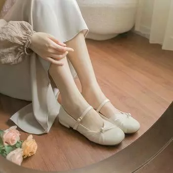 Sweet round head pearl single shoes flat fairy wind bow mary jean shoes female autumn 2025 35