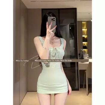 Sweet Salt Pure Desire Style Sexy Drawstring Bows Vest Pure Desire Slimming Sheath Slip Dress Dress Women Light green L