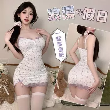 Sweet Sexy Lingerie Xiaojia Biyu Pajamas Print Nightdress Lace Temptation Sleeping Dress Lady Sling Exotic Apparel Dress Uniform One Size
