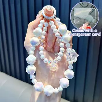 Sweet Shaped Stone Phone Chain W/Card Pentagram Beads Keychain Anti-Lost Wrist Strap Earphone Case Pendant Bag Decor as the picture