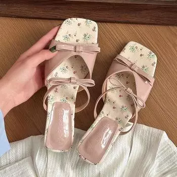 Sweet simple wedge heel slippers for women in the summer of 2025 new butterfly bow fashion versatile open toed lazy shoes 35