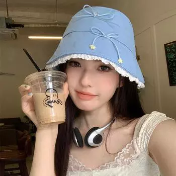 Sweet sister lace edge bow bucket hat female summer thin cute big head circumference show face small sunshade sunscreen basin hat M56-58cm бежевый