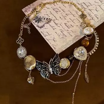 Sweet Tassel Crystal Necklace Adjustable Women s Choker Rhinestone Butterfly Necklace Party золотой/чёрный
