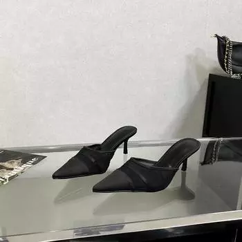 Sweet temperament pointed mesh bag head half drag women 2025 spring and autumn new beautiful satin sandals stiletto high heels 35 чёрный