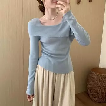 Sweet Temperament Slash Neck Sexy Pullover Sweaters Women Tops Autumn Slim Fit Knitted Sweater Woman Elegant Off Shoulder Base Winter Jumpers 25869 One Size синий