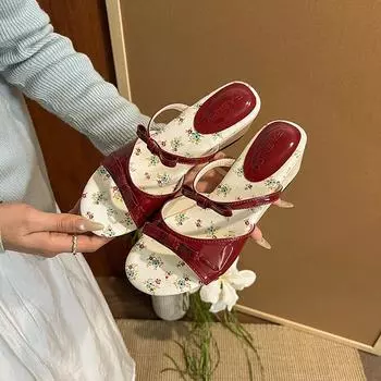 Sweet thick heel cool slippers women s summer new bow hollow one pedal small floral wedge heel one-word slippers 35