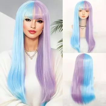 Милый двухцветный сине-фиолетовый длинный прямой синтетический парик с воздушной челкой, высокотемпературное волокно, подходит для ролевых рождественских костюмов
