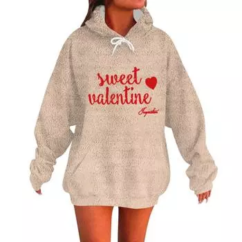 SWEET VALENTINE Женская мода Повседневный свитер с длинными рукавами и капюшоном с принтом ко Дню святого Валентина L бежевый