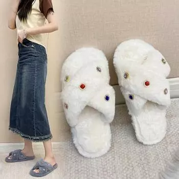 Sweet Warm Plush Slippers Women Slides Flat Low Heels Women Shoes Bling Crystal Shine Fluffy Fur Slippers Shoes 36 чёрный