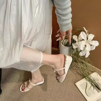 Sweet wind thick heel cool slippers women s summer new bow hollow one pedal small floral wedge heel one-word slippers 35 красный