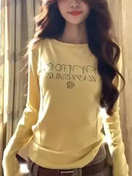 Sweet Y2k Aesthetic Long Sleeve Women T-shirt Vintage Letter Print Slim Tshirts Autumn Winter Fashion Bottoming Tee Shirts Female S жёлтый