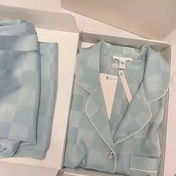 Sweet Y2k Blue Heart Jacquard Plaid Women Pajamas Korean Harajuku Fashion Female Homewear Autumn Winter Casual Lady Lounges L синий