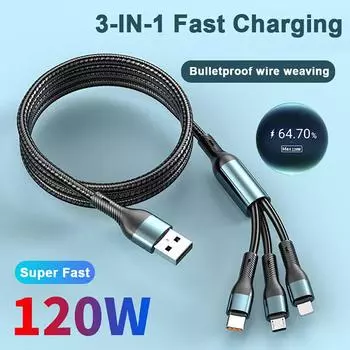 Сверхбыстрая зарядка 3 в 1, 120 Вт, Micro USB Type C, зарядное устройство Lightning, кабель для передачи данных, шнур 1.2m