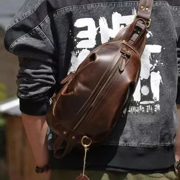 Сверхлегкая винтажная мужская нагрудная сумка с верхним слоем из коровьей кожи, одно плечо, повседневная мужская сумка из натуральной кожи One Size чёрный