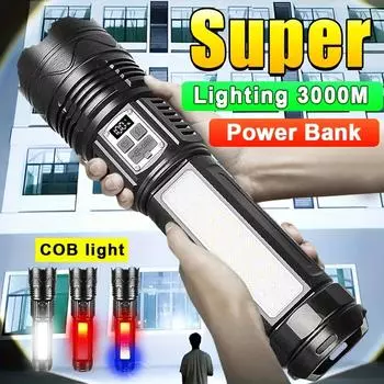 Сверхмощный светодиодный фонарик 500000 люкс, перезаряжаемый фонарик Type-C с дальностью действия 3000 м и встроенным аккумулятором емкостью 15000 мАч 15000mAh