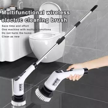 Сверхсильная электрическая вращающаяся щетка для чистки с 7 универсальными насадками Перезаряжаемая беспроводная щетка для пола для ванны и плитки черный белый
