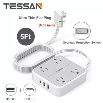 Сверхтонкий удлинитель TESSAN длиной 5 футов с 4 розетками переменного тока и 3 настенными зарядными устройствами USB(1 порт USB-C), Настольный удлинитель питания 7 в 1 для дома