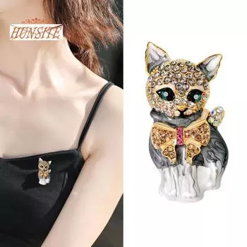 Сверкающая брошь, булавка, нержавеющая, не выцветающая, имитация бриллианта, брошь в форме кошки, украшение для одежды, свадебный подарок золотистый