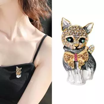 Сверкающая брошь, булавка, нержавеющая, не выцветающая, имитация одежды, брошь в форме кошки, украшение, свадебный подарок золотистый