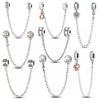 Сверкающая прозрачная серебряная цепочка безопасности 925 Серебряная цепочка безопасности Шарм-бусины Браслет DIY Ювелирные изделия