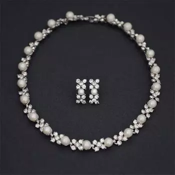 Сверкающее бриллиантовое жемчужное цветочное ожерелье, серьги-гвоздики, комплект свадебных аксессуаров, комплект из двух предметов серебряный