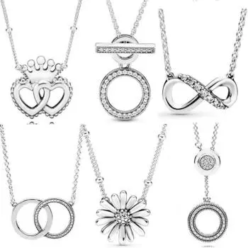 Сверкающее ожерелье Infinity Collier United Regal Crown Hearts с цветком ромашки для стерлингового серебра 925 пробы, очаровательные модные ювелирные изделия своими руками