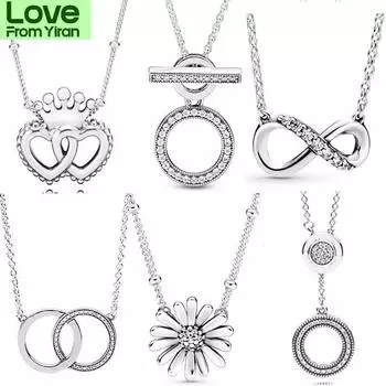 Сверкающее ожерелье Infinity Collier United Regal Crown Hearts с цветком ромашки для стерлингового серебра 925 пробы, очаровательные модные ювелирные изделия своими руками