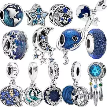 Сверкающее серебро 925 пробы, сверкающие асимметричные звезды, подвески в виде спящей луны, подходят для оригинального браслета, ювелирные изделия, подвески, бусины синий