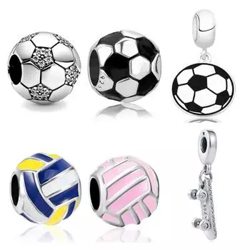 Сверкающее серебро 925 пробы, сверкающий футбольный скейтборд, волейбольная подвеска, подходит для оригинального модного браслета, ювелирные изделия своими руками для женщин, подарок