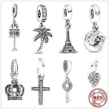 Сверкающее серебро 925 пробы, сверкающий пальмовый крест, ключ, птичья клетка, кулон, сделай сам, тонкие бусины, подходят для оригинального кулона, браслет, ювелирные изделия