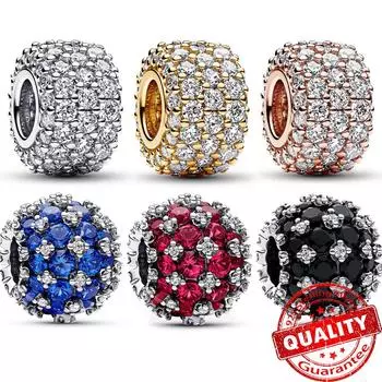 Сверкающее серебро S925, круглое розовое паве с подвесками, подходящий браслет, синие подвесные бусины, женское ожерелье, ювелирные украшения, подарок