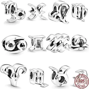 Сверкающие бусины из стерлингового серебра 925 пробы, 12 зодиакальных созвездий, подвески, подходят для оригинального модного браслета, ожерелье, женские ювелирные изделия «сделай сам»