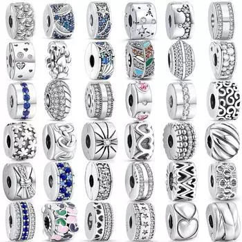 Сверкающие клипсы из стерлингового серебра 925 пробы с фианитами, прозрачные синие перья с двойной подкладкой, подвесные бусины, подходят для оригинального браслета, ювелирные изделия своими руками