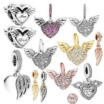 Сверкающие крылья ангела болтаются из стерлингового серебра S925, очаровательные бусины для мамы и папы, модные ювелирные изделия своими руками для женщин, подходят для оригинального браслета