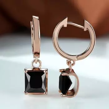 Сверкающие квадратные серьги-гвоздики розового золота с бриллиантовой огранкой и черным камнем, модные женские серьги-кольца чёрный
