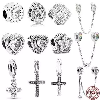 Сверкающие ровные сердца и крест подвеска бусина S925 стерлингового серебра подходит оригинальный браслет своими руками изысканные женские ювелирные изделия подарок