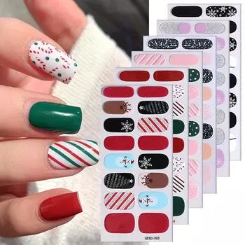 Сверкающие рождественские обертывания для ногтей — самоклеящиеся водостойкие гелевые полоски с рисунками снеговиков и снежинок для праздничного маникюра 01