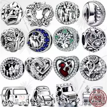 Сверкающие семейное дерево «сделай сам», цветы розы, автомобильное сердце, подвеска, бусины из стерлингового серебра 925 пробы, подходят для оригинального модного браслета, изящные ювелирные изделия, подарок